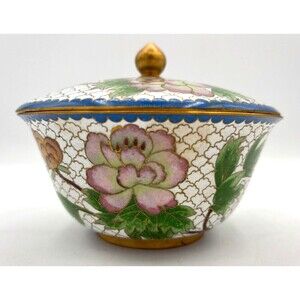 Vintage Chinese Cloisonné Enamel on Bronze Lidded Bowl Trinket Dish Floral‎ Teal
